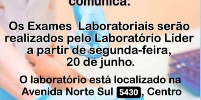 Rolim de Moura: Exames laboratoriais serão realizados no Laboratório Líder a partir de...