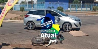 Câmera registra motociclista atingindo carro em acidente em Ji-Paraná
