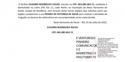 PEDIDO DE OUTORGA DE ÁGUA  - EUGENIO RODRIGUES SOUZA