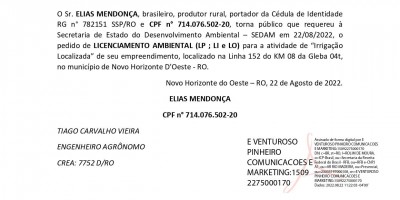 PEDIDO DE LICENCIAMENTO AMBIENTAL - ELIAS MENDONÇA