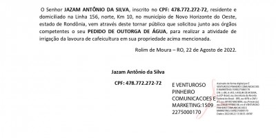 PEDIDO DE OUTORGA DE ÁGUA  - JAZAM ANTÔNIO DA SILVA