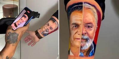 Homem faz tatuagem 'inusitada' com rostos de Lula e Bolsonaro