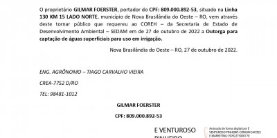 PEDIDO DE OUTORGA DE ÁGUA - GILMAR FOERSTER