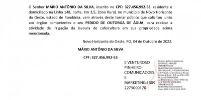PEDIDO DE OUTORGA DE ÁGUA - MÁRIO ANTÔNIO DA SILVA