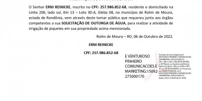 SOLICITAÇÃO DE OUTORGA DE ÁGUA - ERNI REINICKE