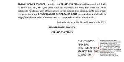 RENOVAÇÃO DE OUTORGA DE ÁGUA -  REGINEI GOMES FONSECA