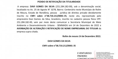 PEDIDO DE RETIFICAÇÃO DA TITULARIDADE  - DAVI GOMES DA SILVA 