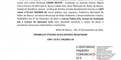 PEDIDO LICENÇA PRÉVIA, INSTALAÇÃO E OPERAÇÃO - FRANK MOTOS 