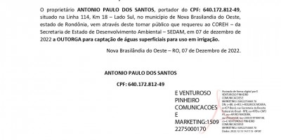 SOLICITAÇÃO DE OUTORGA DE ÁGUA - ANTONIO PAULO DOS SANTOS