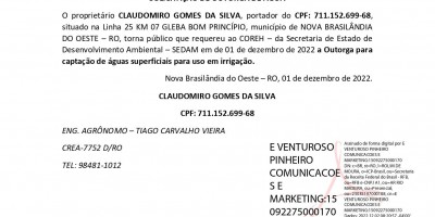 SOLICITAÇÃO DE OUTORGA DE ÁGUA - CLAUDOMIRO GOMES DA SILVA