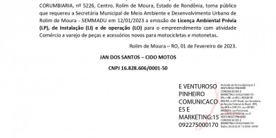 PEDIDO DE LICENÇA PRÉVIA - DE INSTALAÇÃO - DE OPERAÇÃO: CIDO MOTOS