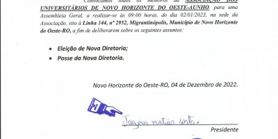 EDITAL DE CONVOCAÇÃO - ASSOCIAÇÃO DOS UNIVERSITÁRIOS DE NOVO HORIZONTE DO OESTE