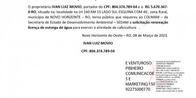 SOLICITAÇÃO DE OUTORGA DE ÁGUA - IVAN LUIZ MOVIO 