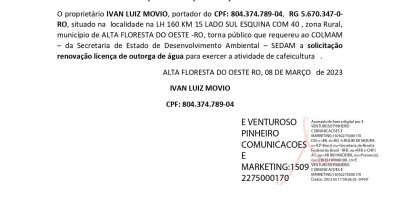 SOLICITAÇÃO RENOVAÇÃO LICENÇA DE OUTORGA - IVAN LUIZ MOVIO