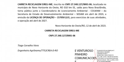 LICENÇA DE OPERAÇÃO - CARRETA RECICLAGEM EIRELI-ME