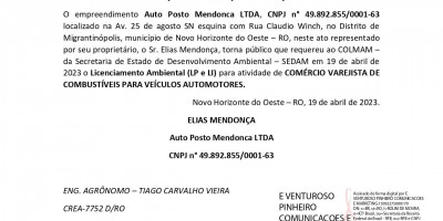 LICENCIAMENTO AMBIENTAL - Auto Posto Mendonca LTDA