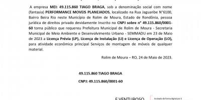 PEDIDO LICENÇA PRÉVIA, INSTALAÇÃO E OPERAÇÃO - TIAGO BRAGA