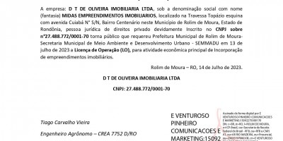  PEDIDO LICENÇA DE OPERAÇÃO - D T DE OLIVEIRA IMOBILIARIA LTDA