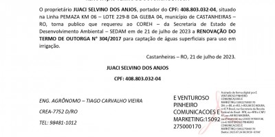 RENOVAÇÃO TERMO DE OUTORGA DE ÁGUA  - JUACI SELVINO DOS ANJOS
