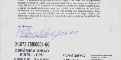CARTA POR ABANDONO DE EMPREGO - CLAUDELINO PINHATI