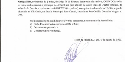 EDITAL DE CONVOCAÇÃO - ASSEMBLÉIA DE ELEIÇÃO - SUBSEDE PARECIS