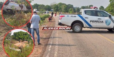 Carro com 6 ocupantes capota na RO-383, em Cacoal
