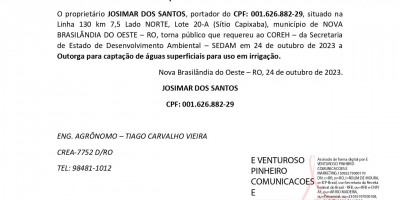 SOLICITAÇÃO DE OUTORGA DE ÁGUA - JOSIMAR DOS SANTOS