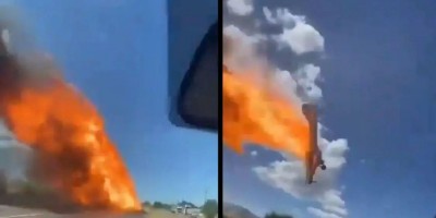 Avião de pequeno porte bate em fio e pega fogo; vídeos