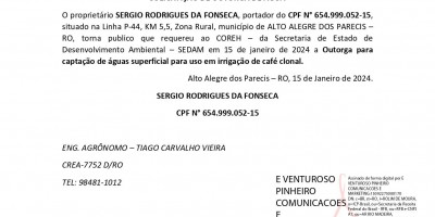 SOLICITAÇÃO DE OUTORGA DE ÁGUA - SERGIO RODRIGUES DA FONSECA