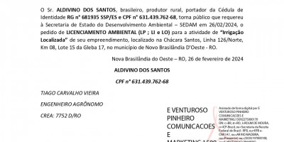 PEDIDO DE LICENCIAMENTO AMBIENTAL - ALDIVINO DOS SANTOS