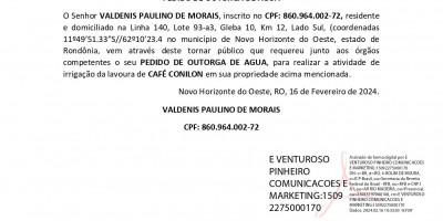 PEDIDO DE OUTORGA DE ÁGUA - VALDENIS PAULINO DE MORAIS