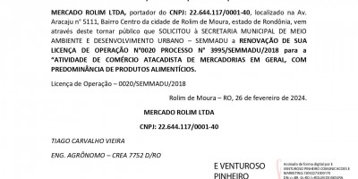 RENOVAÇÃO DE LICENÇA DE OPERAÇÃO - MERCADO ROLIM LTDA