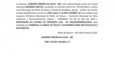 PEDIDO DE RENOVAÇÃO DA LICENÇA DE OPERAÇÃO - MUNDIAL MOTOS