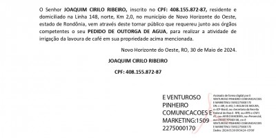 PEDIDO DE OUTORGA DE ÁGUA  - JOAQUIM CIRILO RIBEIRO
