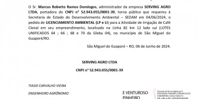 PEDIDO DE LICENCIAMENTO AMBIENTAL – SERVING AGRO LTDA