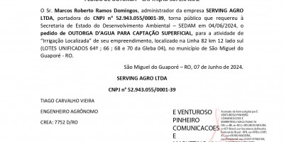 PEDIDO DE OUTORGA – CAPTAÇÃO SUPERFICIAL - SERVING AGRO LTDA