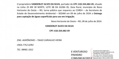PEDIDO DE OUTORGA DE ÁGUA - VANDERLEY ALVES DA SILVA