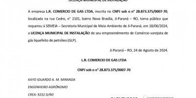 LICENÇA MUNICIPAL DE INSTALAÇÃO - L.R. COMERCIO DE GAS LTDA