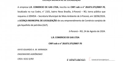 LICENÇA MUNICIPAL DE LOCALIZAÇÃO - L.R. COMERCIO DE GAS LTDA