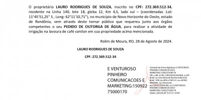 PEDIDO DE OUTORGA DE ÁGUA - LAURO RODRIGUES DE SOUZA