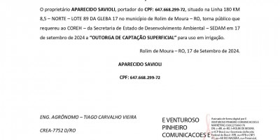 OUTORGA DE CAPTAÇÃO SUPERFICIAL - APARECIDO SAVIOLI
