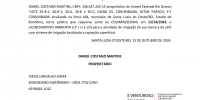 PEDIDO DE LICENÇA AMBIENTAL - DANIEL COSTANZI MARTINS
