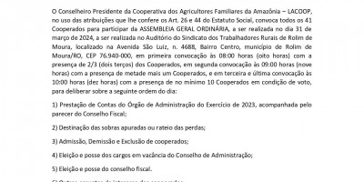 EDITAL DE CONVOCAÇÃO - ASSEMBLEIA GERAL ORDINÁRIA - LACOOP