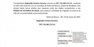 PEDIDO DE OUTORGA DE ÁGUA - Reginaldo Firmino Parreira