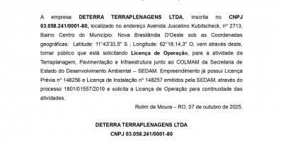 PEDIDO DE LICENÇA DE OPERAÇÃO - DETERRA TERRAPLENAGENS LTDA