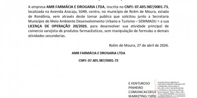 PEDIDO DE LICENÇA DE OPERAÇÃO - AMR FARMÁCIA E DROGARIA LTDA