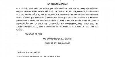 RENOVAÇÃO DE LICENÇA DE OPERAÇÃO - MG COMERCIO DE CAFÉ EIRELI 