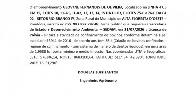 PEDIDO DE LICENÇA PRÉVIA - LP - GEOVANE FERNANDES DE OLIVIERA