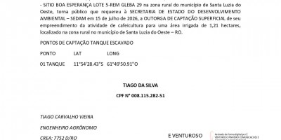 PEDIDO DE OUTORGA CAPTAÇÃO SUPERFICIAL - TIAGO DA SILVA