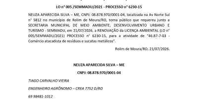 RENOVAÇÃO DE LICENÇA DE OPERAÇÃO - NEUZA APARECIDA SILVA – ME